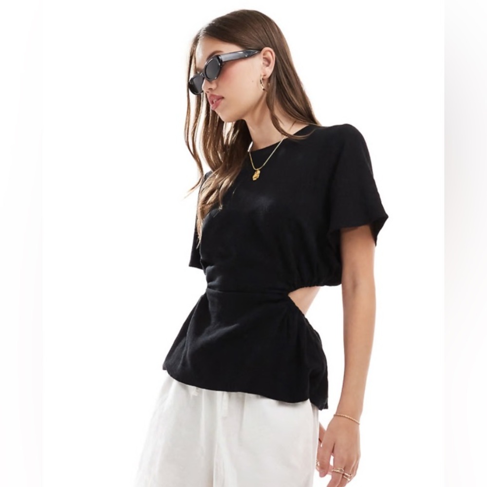 ASOS DESIGN linen look top with open back in black